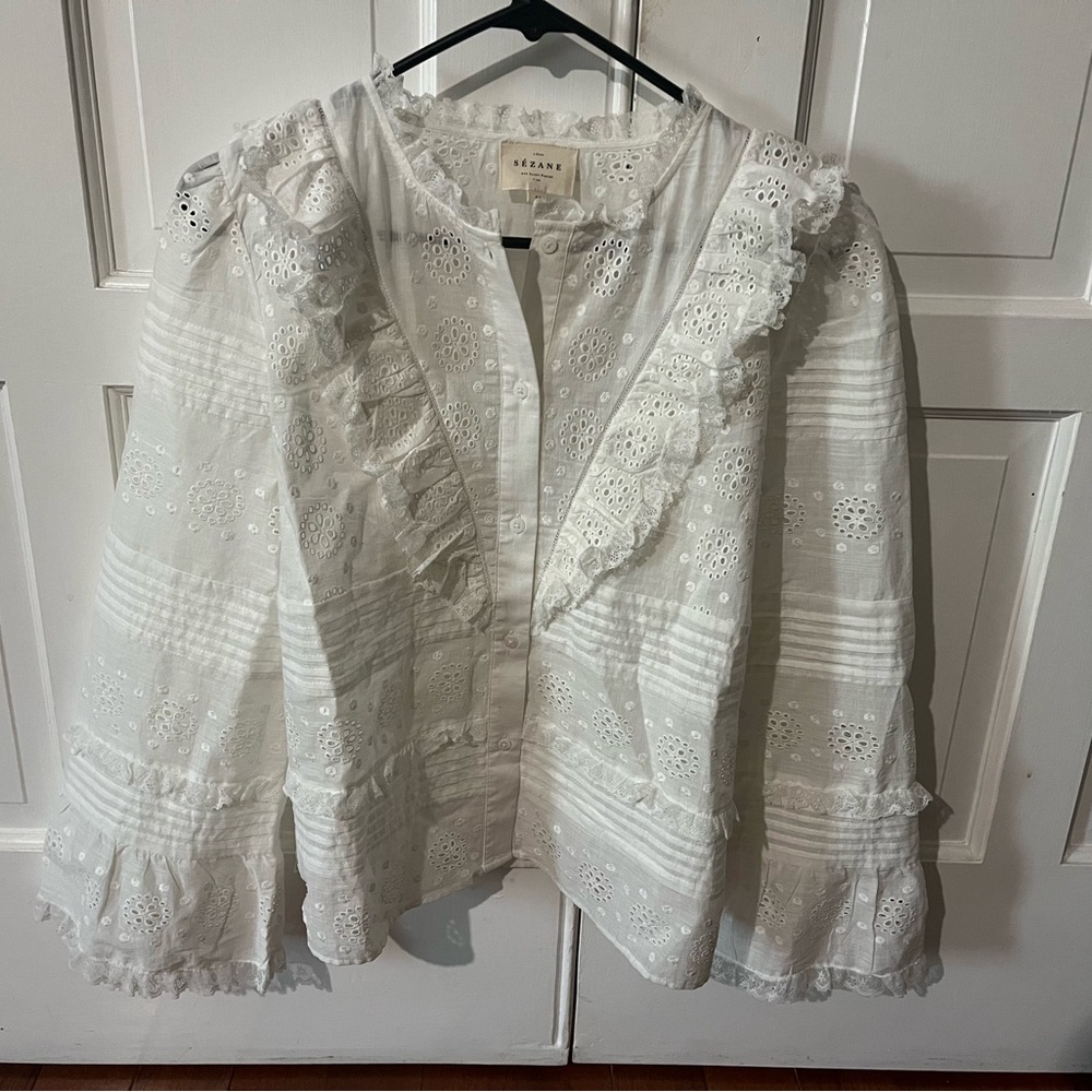 Sezane White Eyelet Ruffle Blouse - Picture 2 of 7